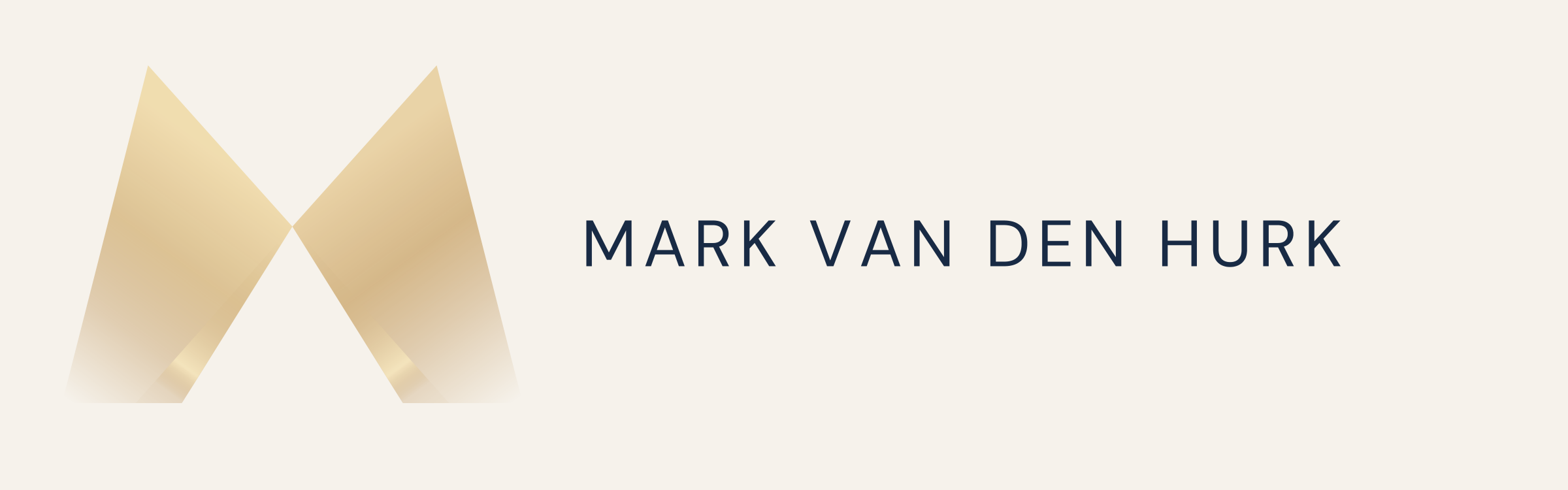 Mark van den Hurk horizontal logo, with a geometric champagne M formed by crossing beams of light and the name in uppercase navy letters.
