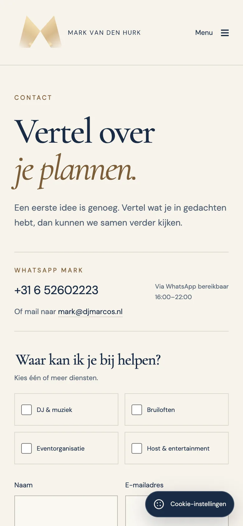 Contact page on a phone, with Mark's contact details and service selection fields.
