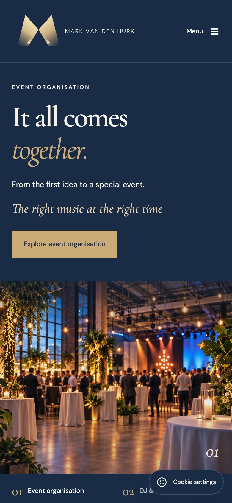 English homepage on a phone, with the line It all comes together and an evening event photograph.