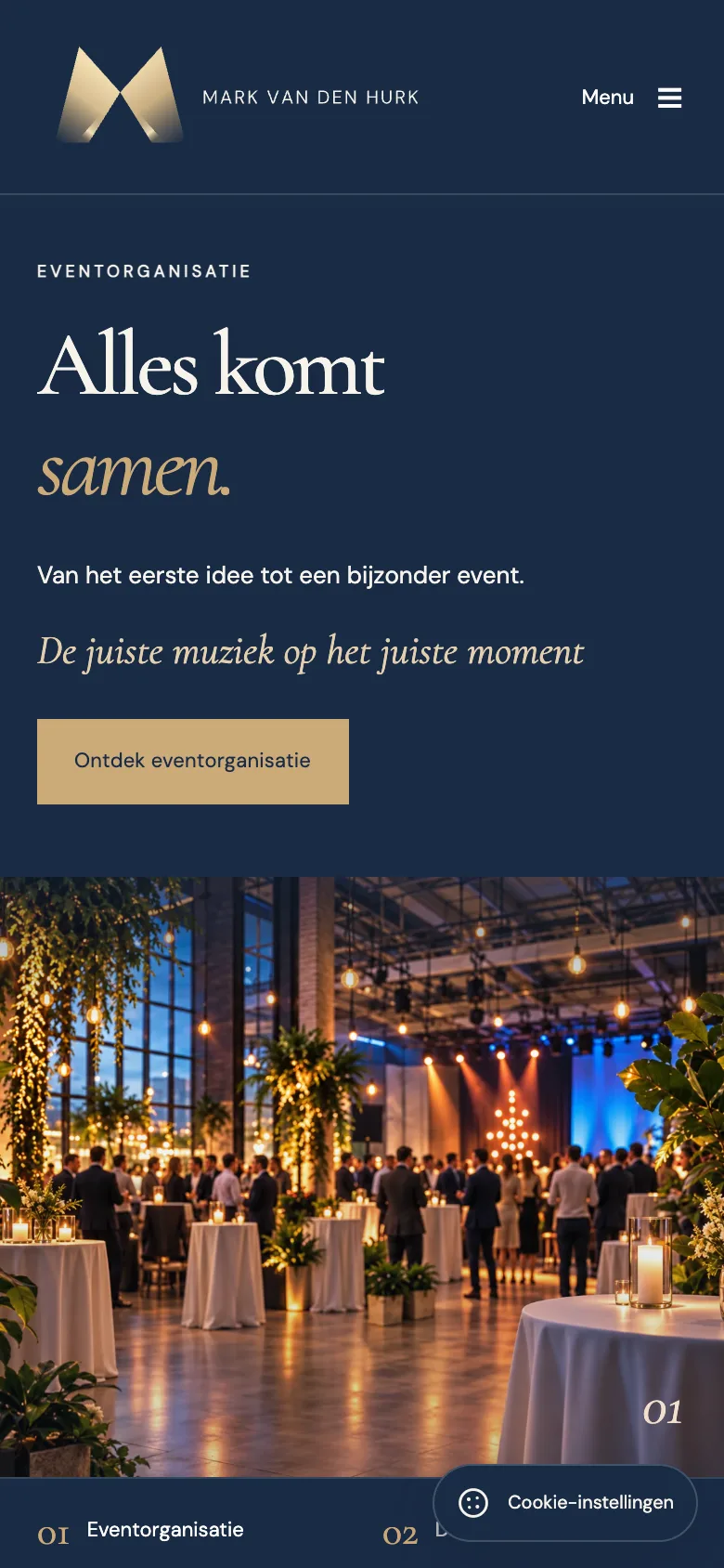 The Dutch DJ Marcos homepage on a phone, with a champagne logo, an evening blue introduction and an event photograph.