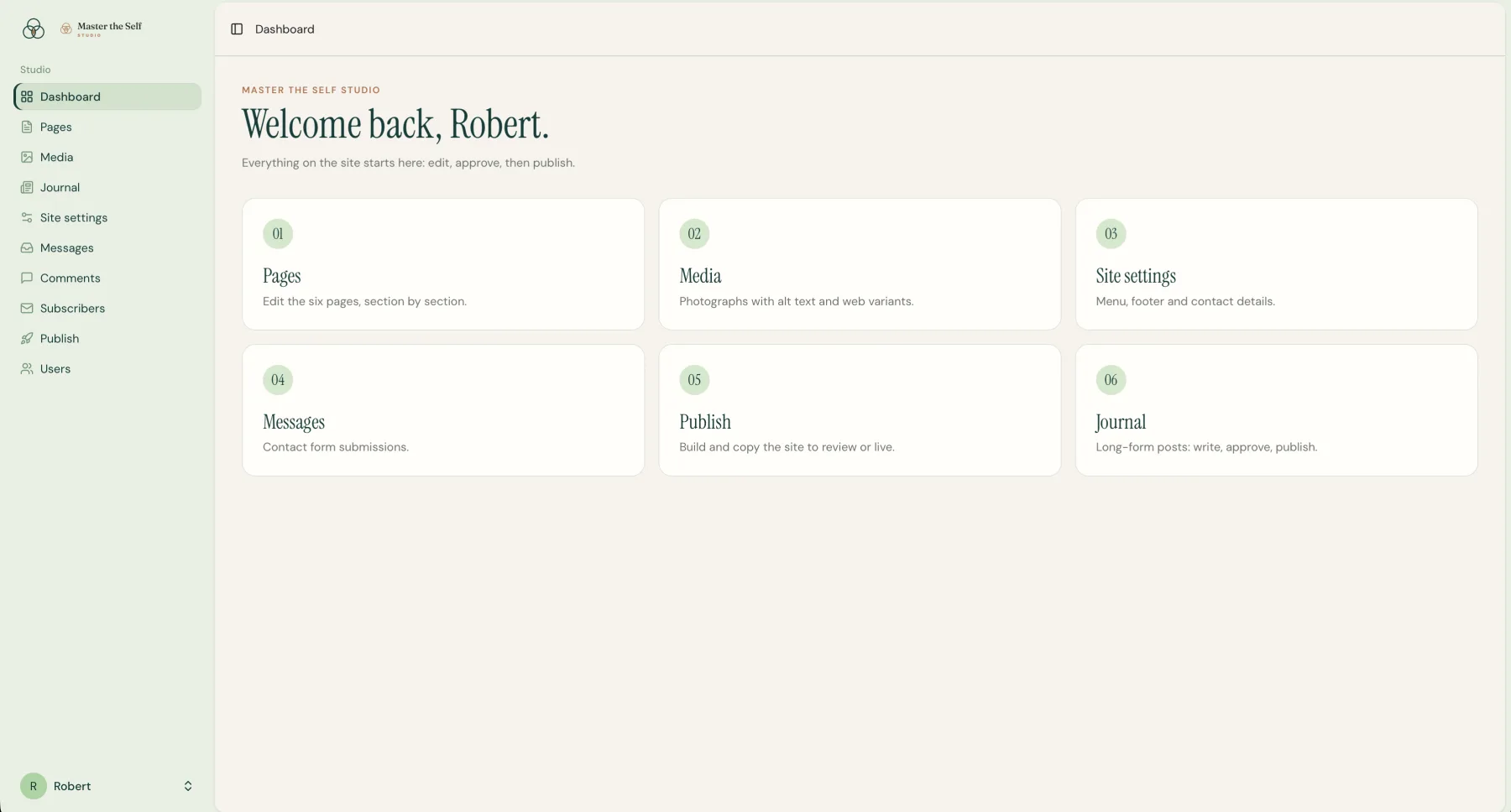 The studio panel dashboard: a sidebar with Pages, Media, Journal, Site settings, Messages, Comments, Subscribers, Publish and Users, and six cards explaining each area.