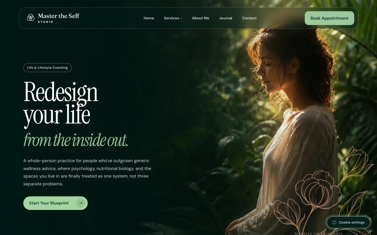 Master the Self Studio homepage on a desktop screen: a dark green hero with the line Redesign your life from the inside out and a Book Appointment button.