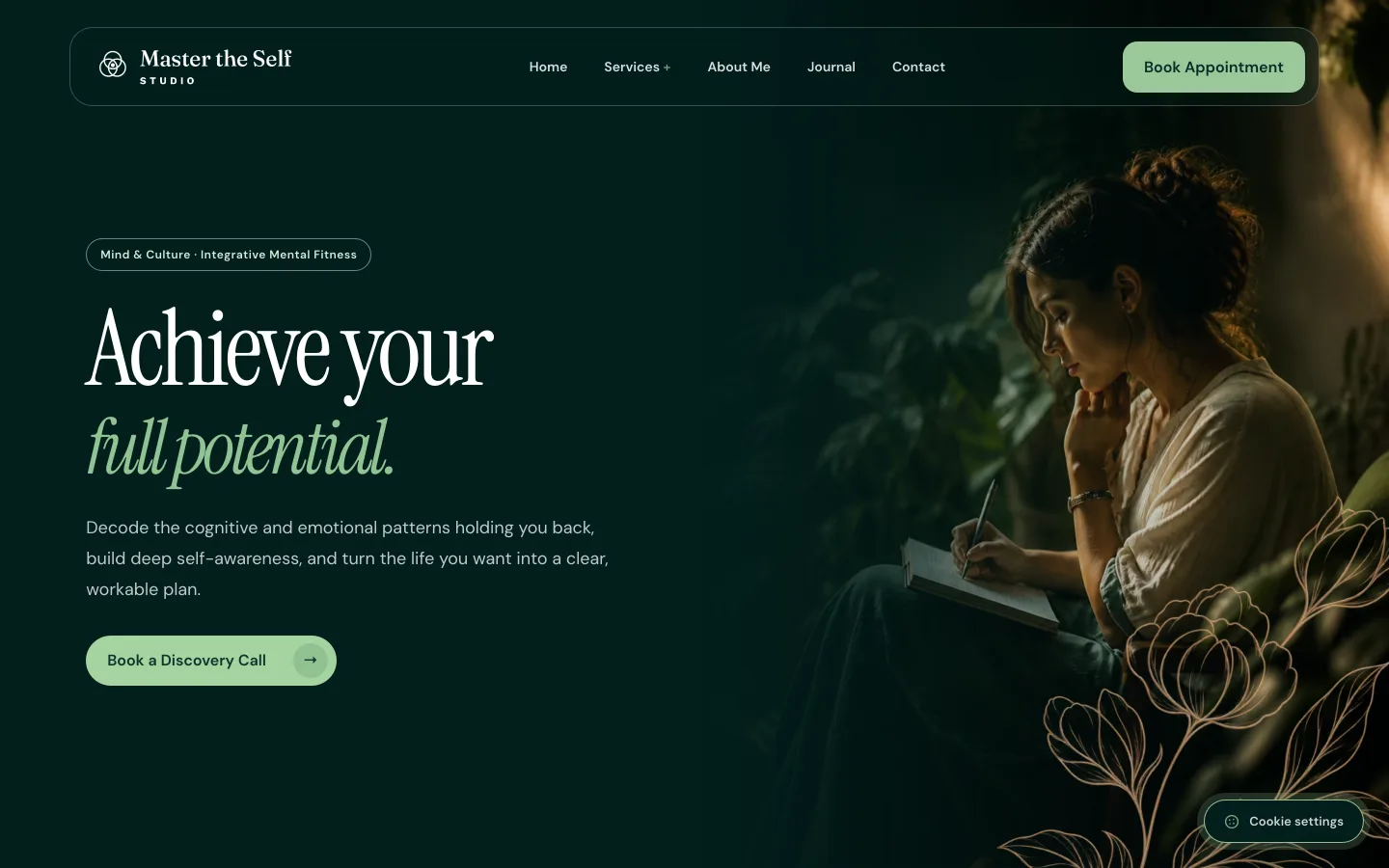 The Mind and Culture service page on a desktop screen: the line Achieve your full potential and a Book a Discovery Call button.