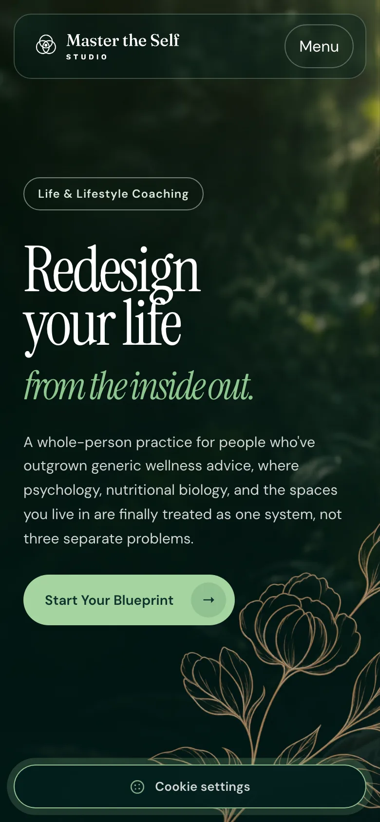 The same homepage on a phone, with the menu button and the Start Your Blueprint call to action.