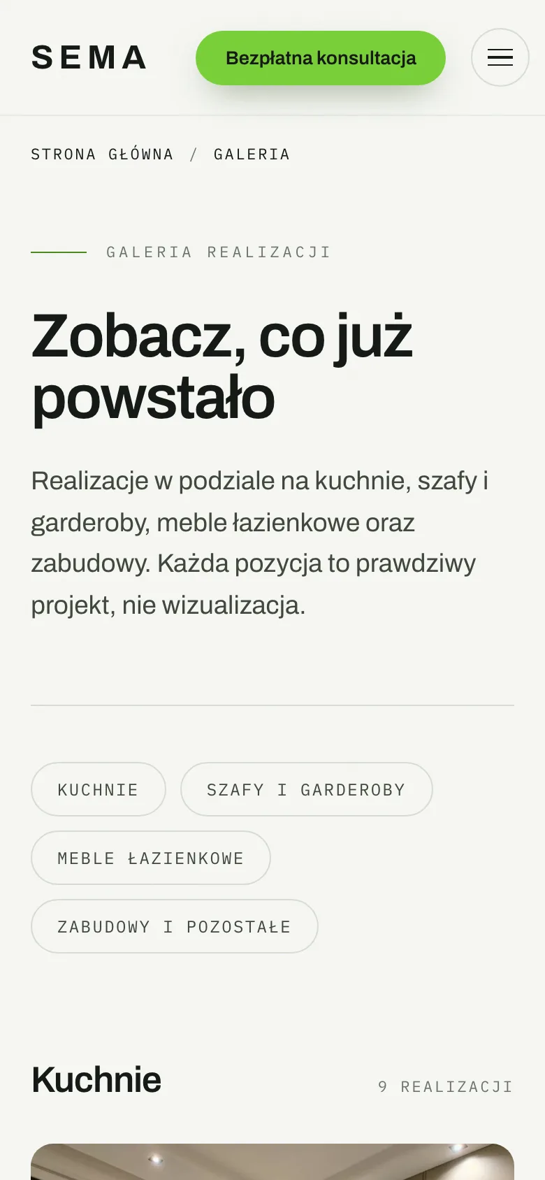 Galeria na telefonie, realizacje pogrupowane w kuchnie, szafy, łazienki i zabudowy.