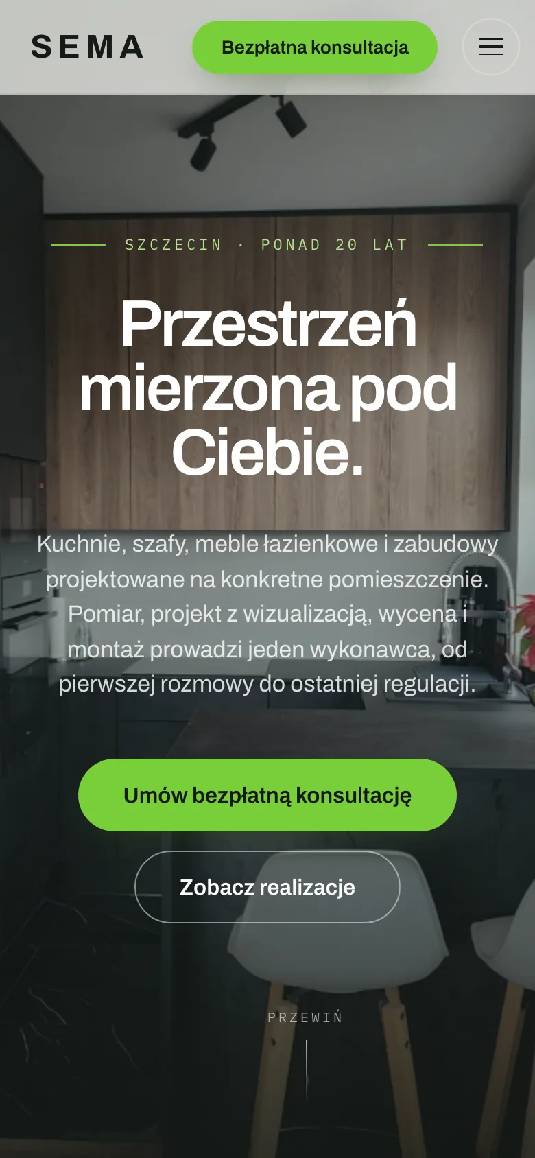 Ta sama strona główna na telefonie, z przyciskiem konsultacji i menu.