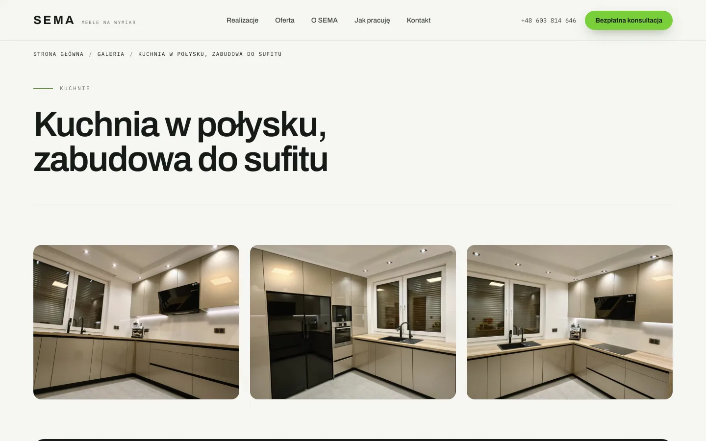 Pojedyncza strona realizacji na ekranie komputera: kuchnia w połysku z zabudową do sufitu, z kategorią i opisem.