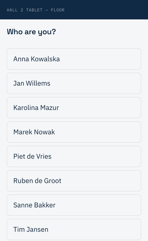 The shared tablet in Hall 2 asking “Who are you?”, with a list of the nine people who have access to that hall.