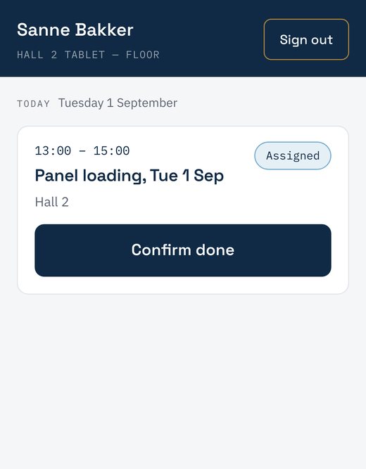 The shop-floor screen: Sanne Bakker, signed in on the Hall 2 tablet. One task today, panel loading from 13:00 to 15:00 in Hall 2, with a Confirm done button.
